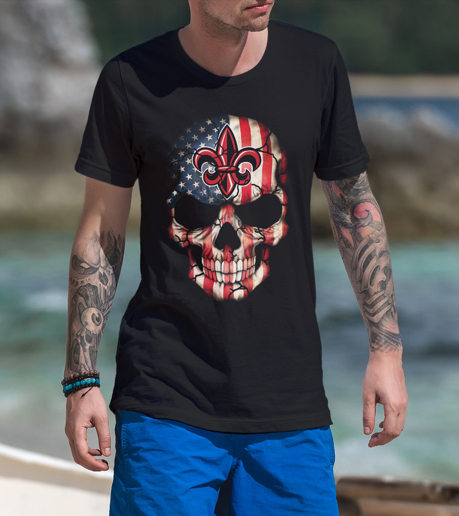 Ragin Cajuns Skull With American Flag And Fleur-De-Lis T-Shirt