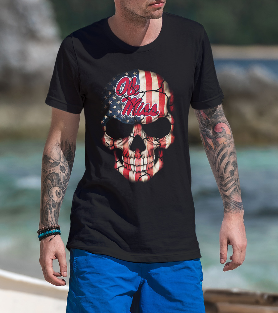 Ole Miss Rebels American Flag Skull T-Shirt