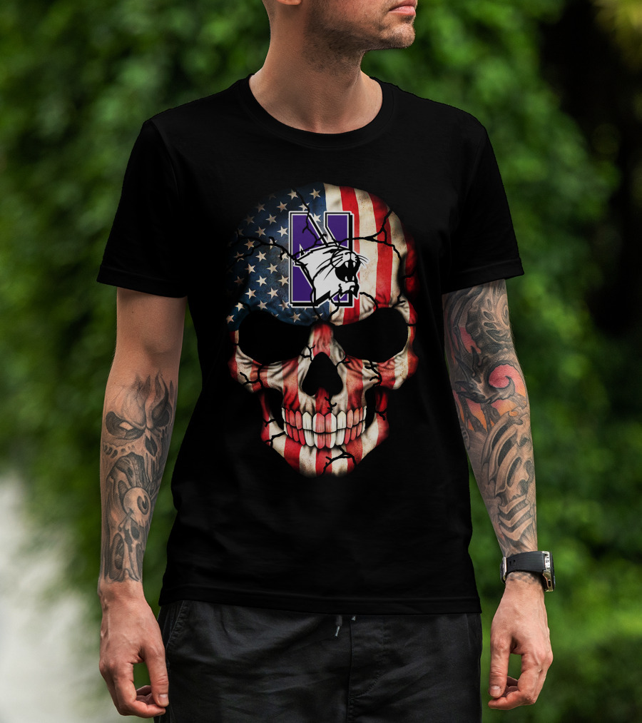 Northwestern Wildcats American Flag Skull 53 T-Shirt