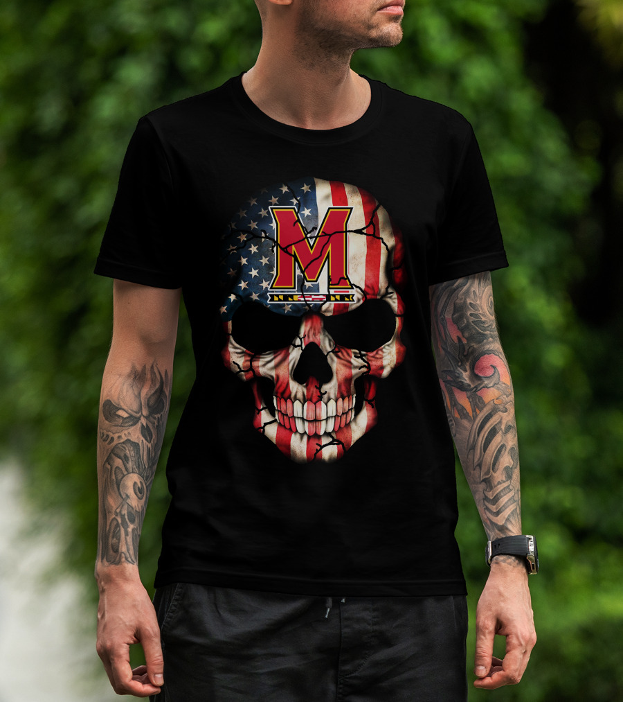 Maryland Terrapins Skull American Flag T-Shirt