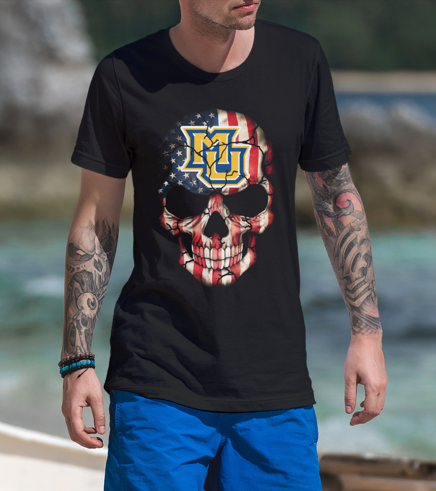 Marquette Golden Eagles American Flag Skull T-Shirt