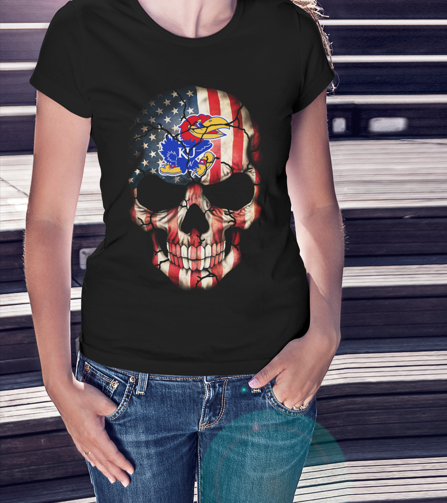 Patriotic Skull With Kansas Jayhawks Logo American Flag 80S Style T-Shirt