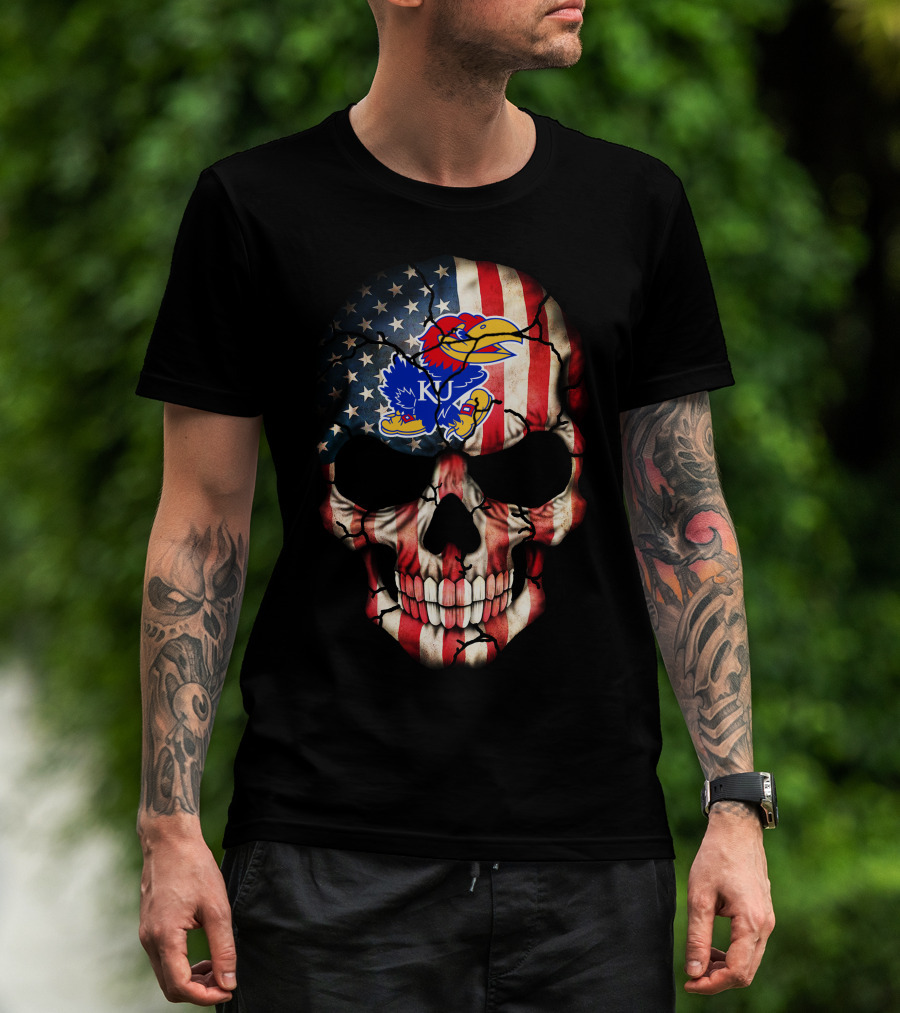 Patriotic Skull With Kansas Jayhawks Logo American Flag 80S Style T-Shirt