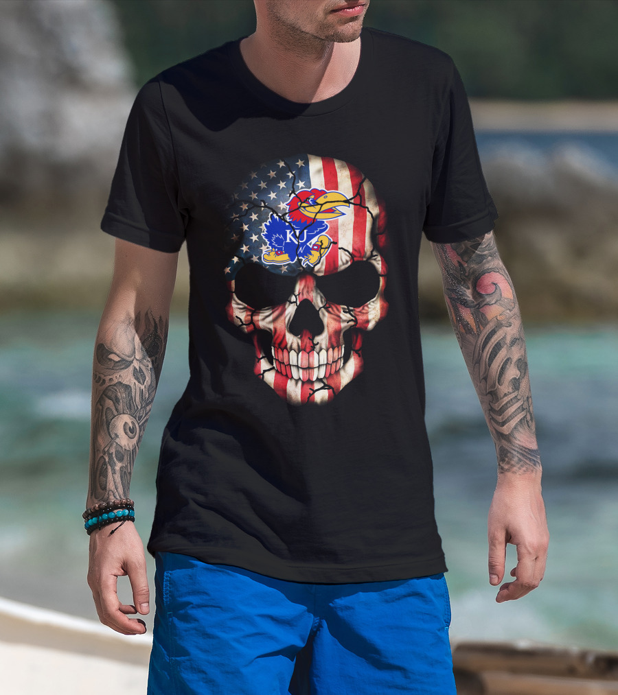 Patriotic Skull With Kansas Jayhawks Logo American Flag 80S Style T-Shirt
