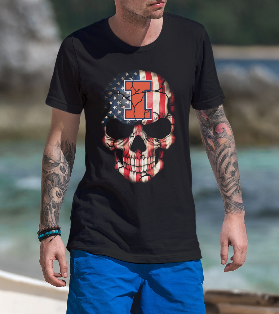 I Illinois Fighting Illini American Flag Skull 84 T-Shirt