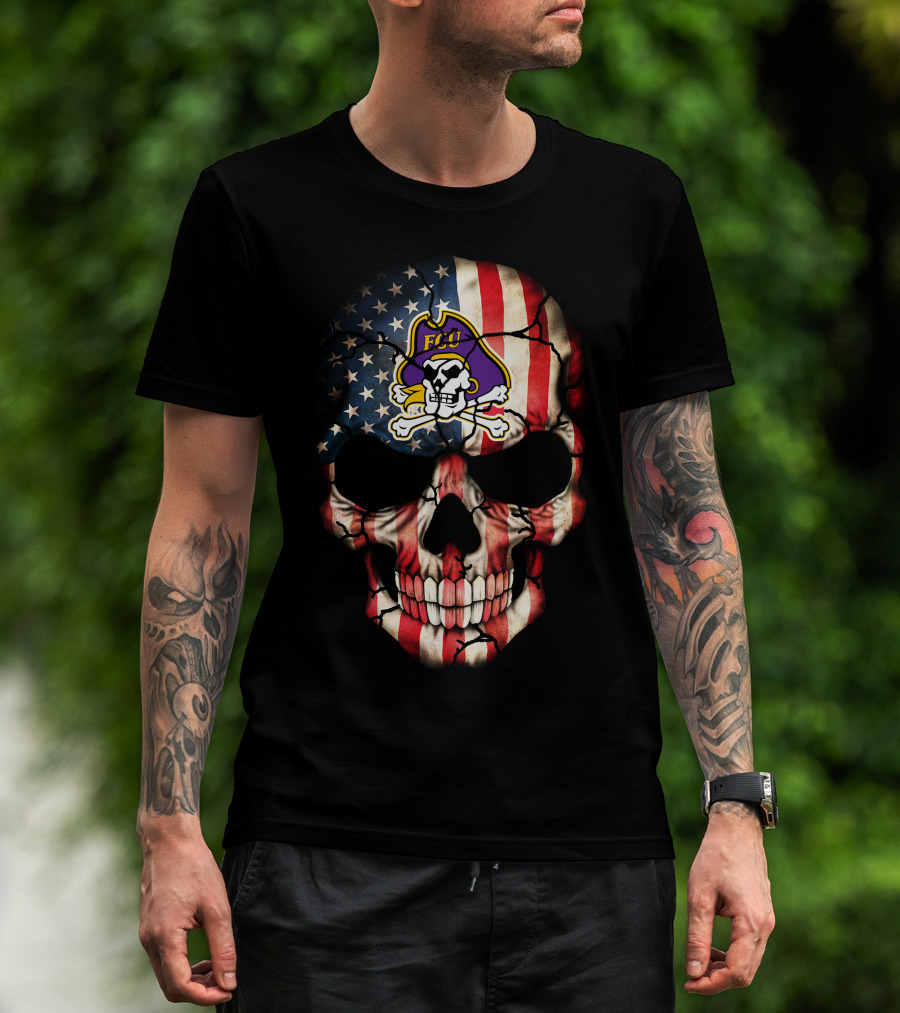 Skull With American Flag And Ecu Pirate T-Shirt