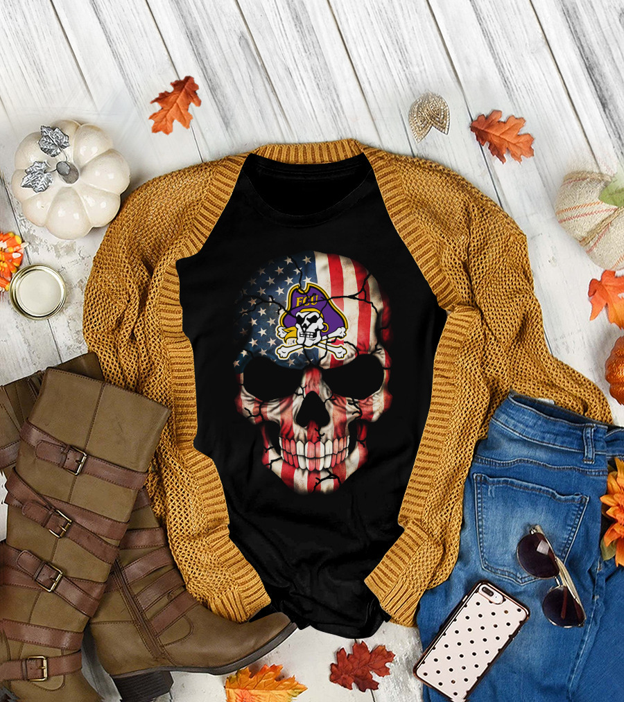 Skull With American Flag And Ecu Pirate T-Shirt
