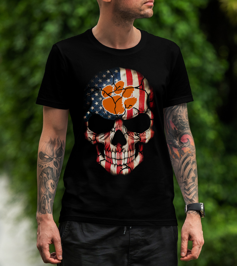Clemson Tigers Skull American Flag Paw Print T-Shirt