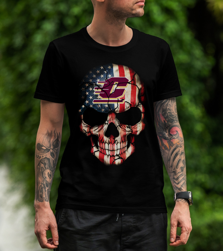 American Flag Skull With Central Michigan Chippewas T-Shirt