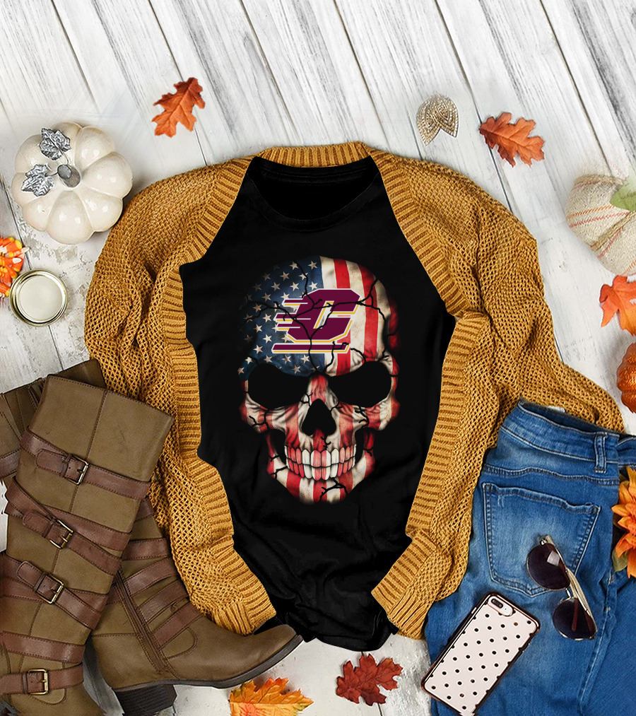 American Flag Skull With Central Michigan Chippewas T-Shirt