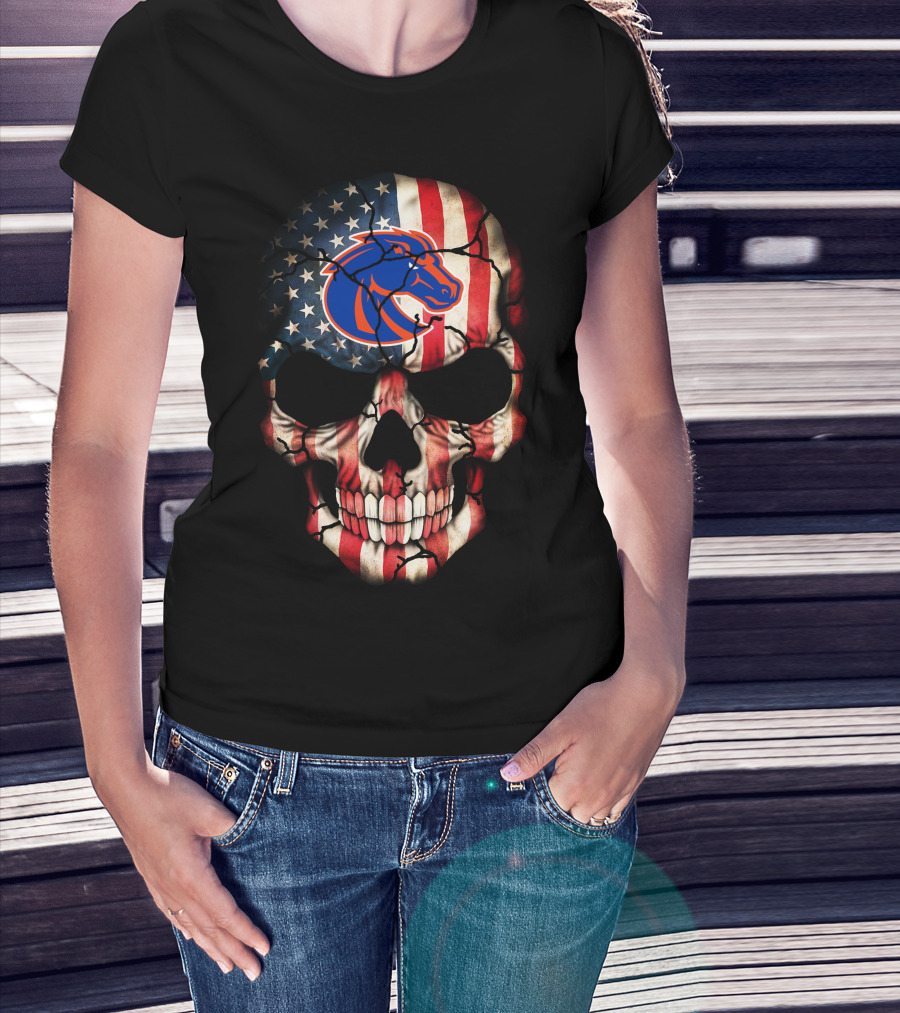 Boise State Broncos American Flag Skull T-Shirt