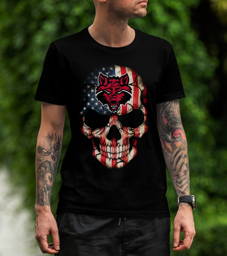 Arkansas State Red Wolves American Flag Skull T-Shirt