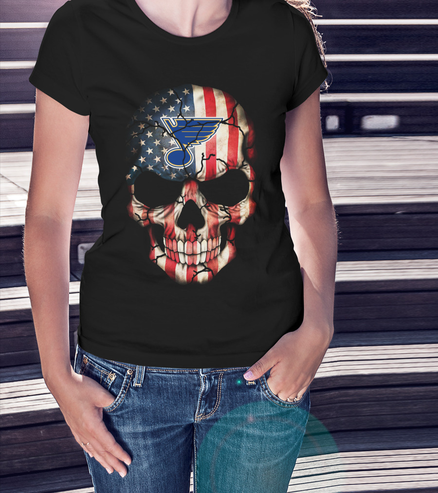 Skull With American Flag And St Louis Blues T-Shirt