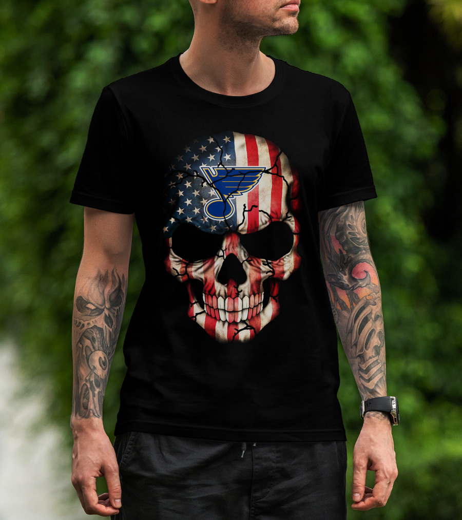 Skull With American Flag And St Louis Blues T-Shirt