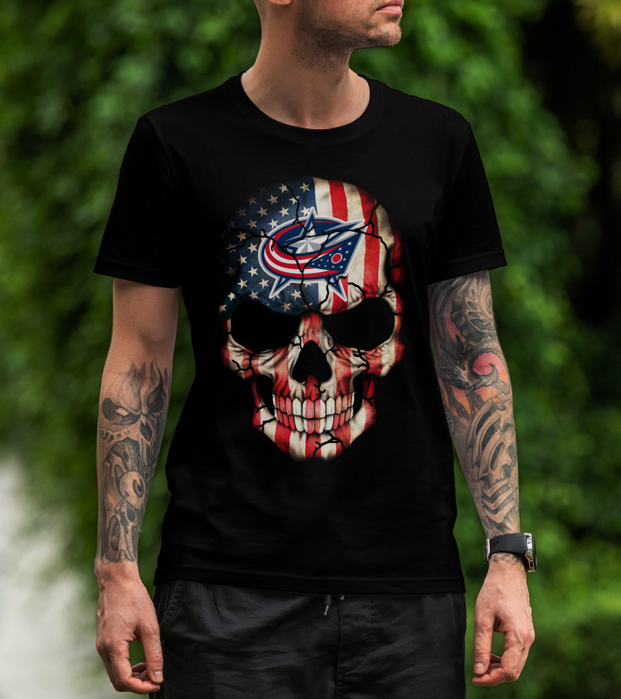 American Flag Skull With Columbus Blue Jackets T-Shirt
