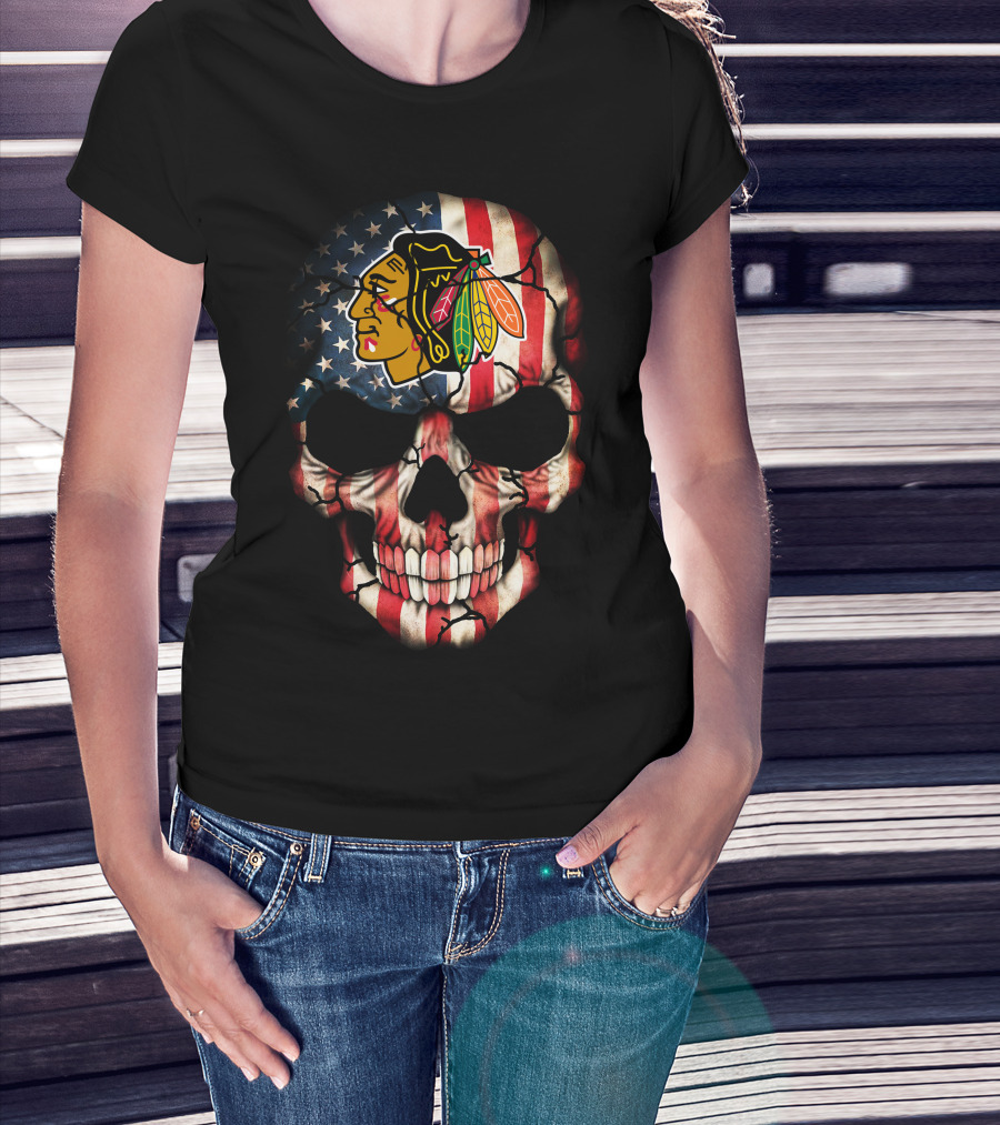 Chicago Blackhawks American Flag Skull T-Shirt