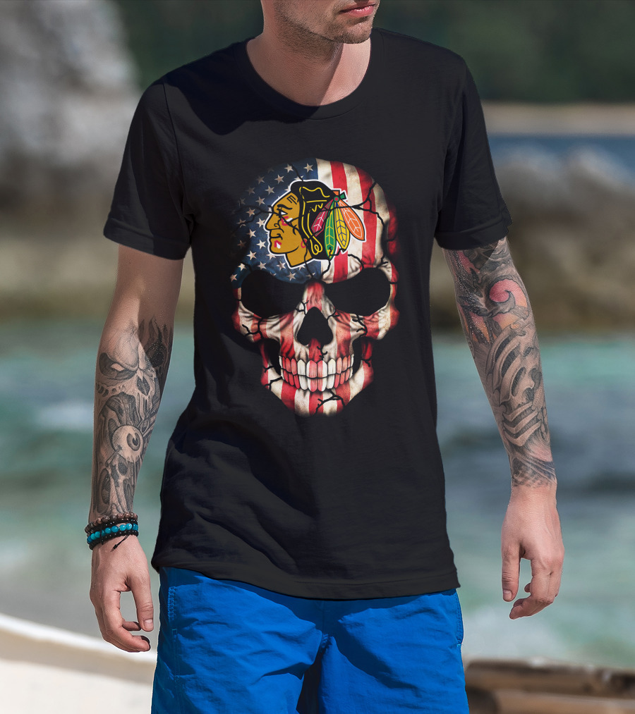 Chicago Blackhawks American Flag Skull T-Shirt