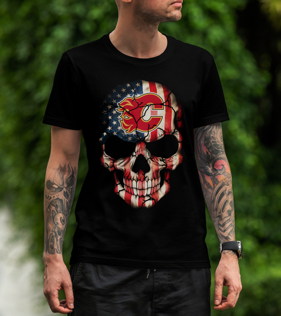 Calgary Flames Skull With American Flag T-Shirt