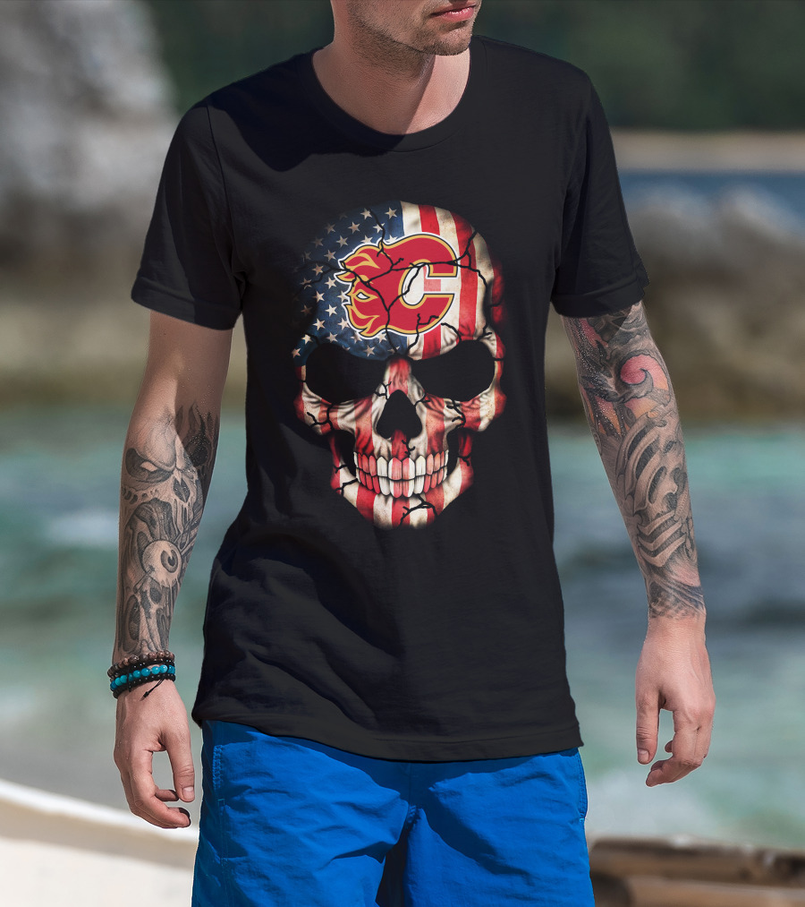 Calgary Flames Skull With American Flag T-Shirt