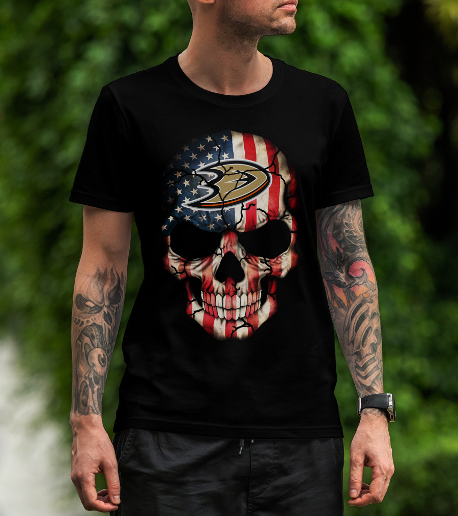 Anaheim Ducks Skull American Flag Usa Hockey T-Shirt