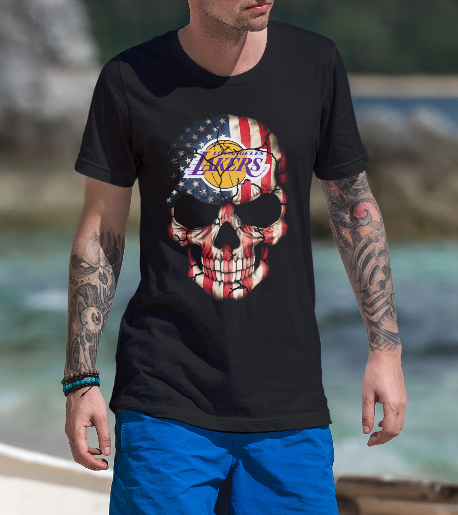 Los Angeles Lakers American Flag Skull T-Shirt