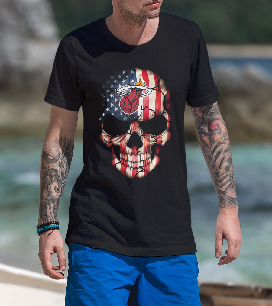 American Flag Skull With Miami Heat Basketball T-Shirt