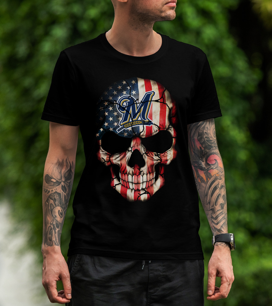 Milwaukee Brewers American Flag Skull With Baseball T-Shirt