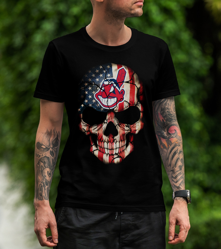 Skull With American Flag And Cleveland Indians T-Shirt