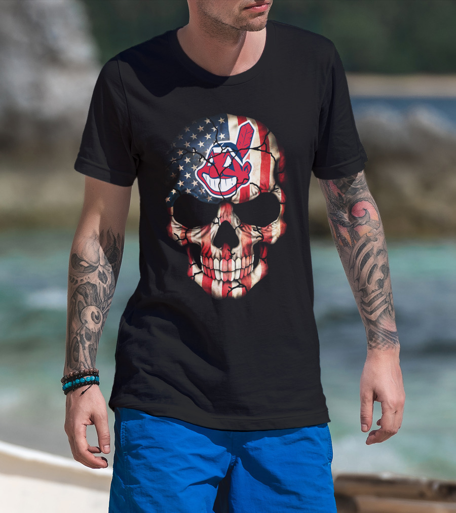 Skull With American Flag And Cleveland Indians T-Shirt