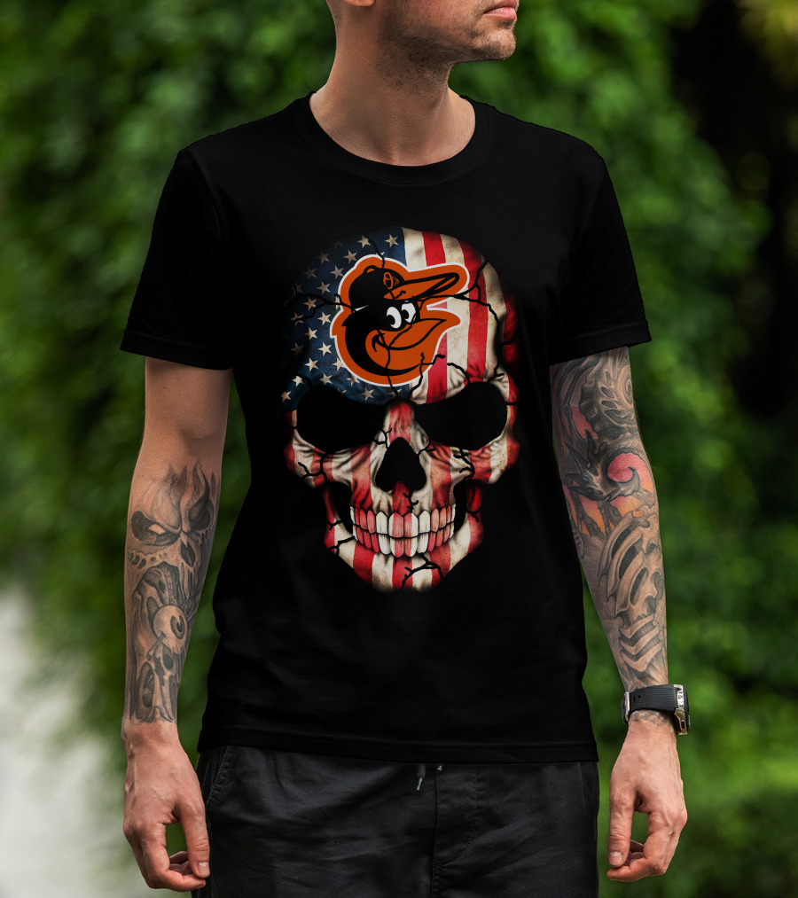 Baltimore Orioles American Flag Skull T-Shirt