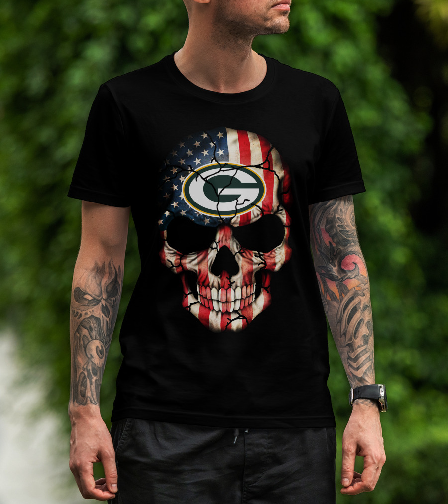 Green Bay Packers American Flag Skull T-Shirt