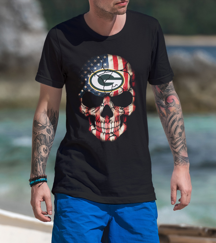 Green Bay Packers American Flag Skull T-Shirt