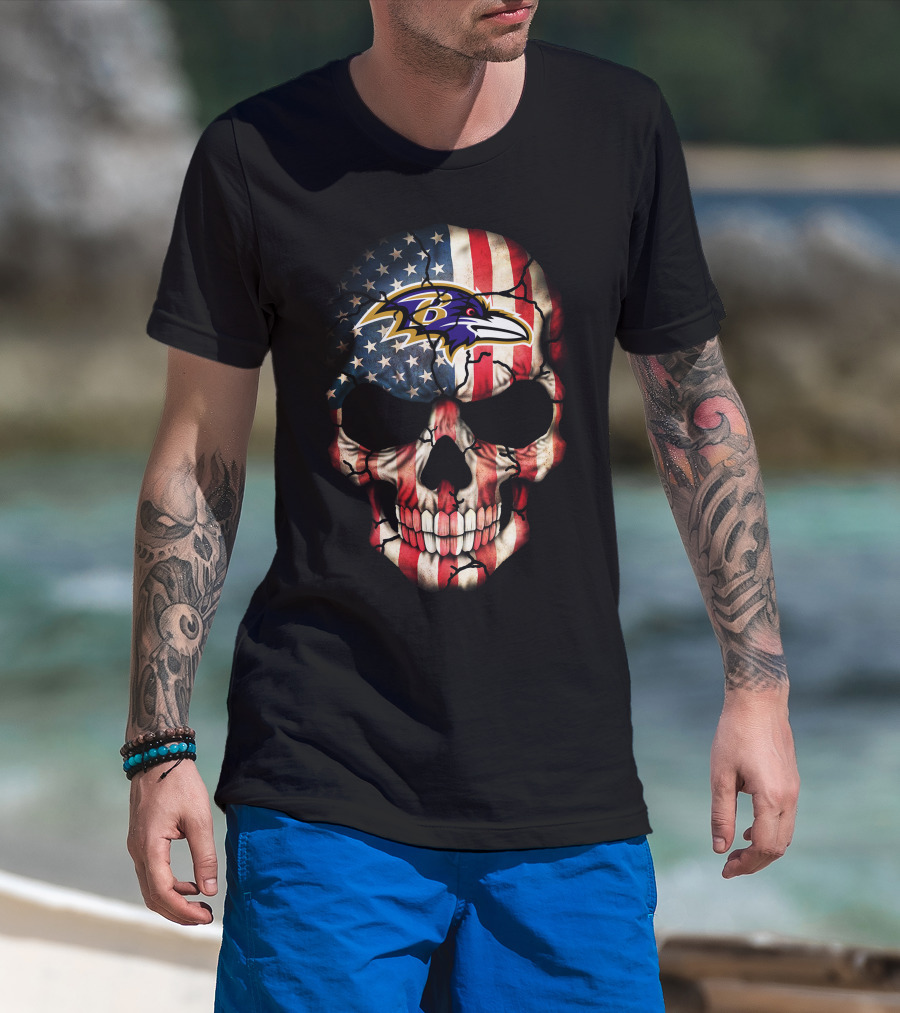 Baltimore Ravens Patriotic American Flag Skull T-Shirt