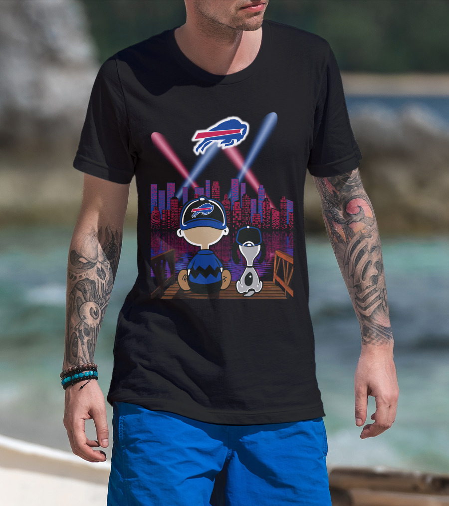 Buffalo Bills Skyline With Snoopy And Charlie Brown On A Pier T-Shirt