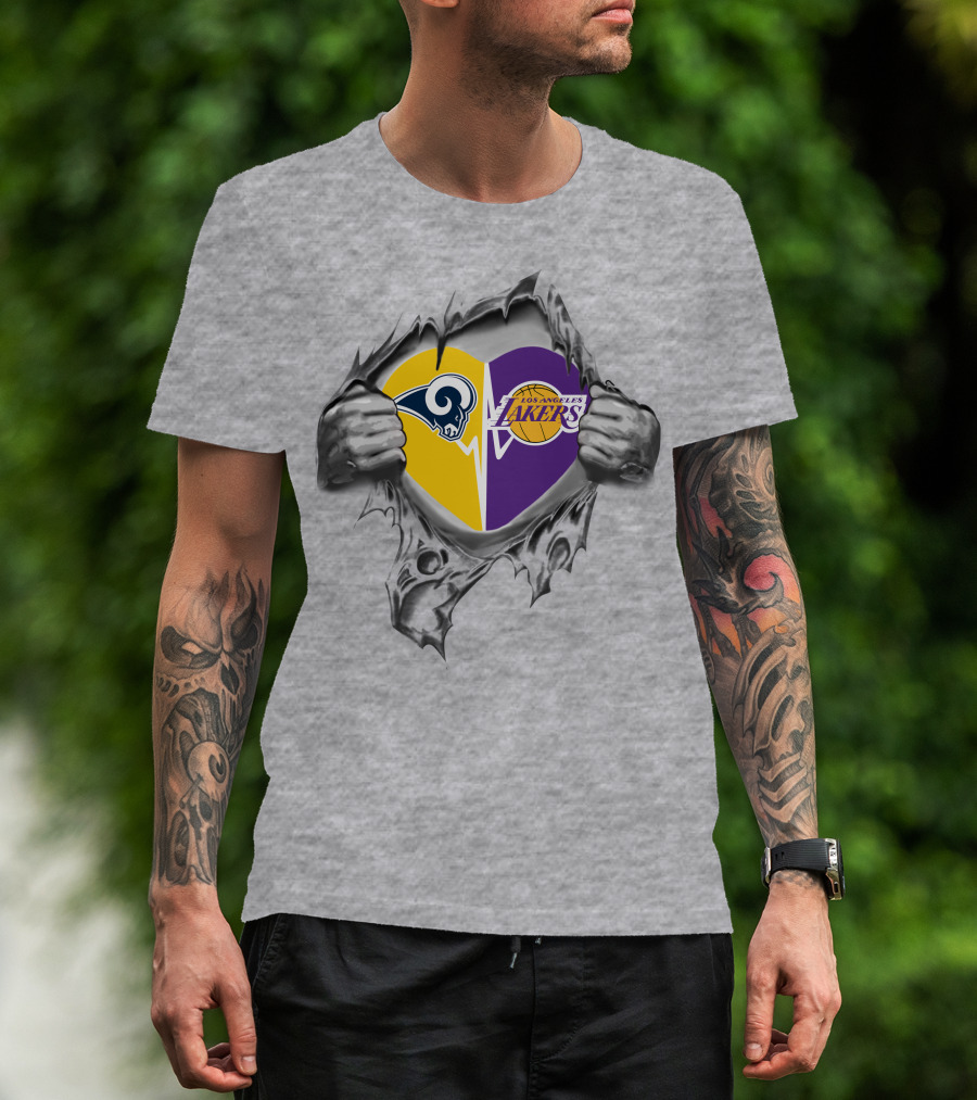 Lakers Rams Heart Logo Design With Emerging Hands T-Shirt