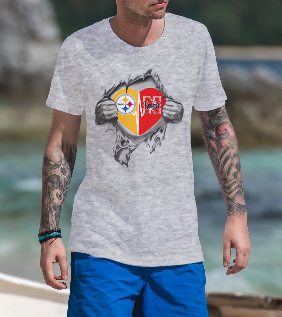 Steelers Cornhuskers Heart Dual Team Loyalty T-Shirt