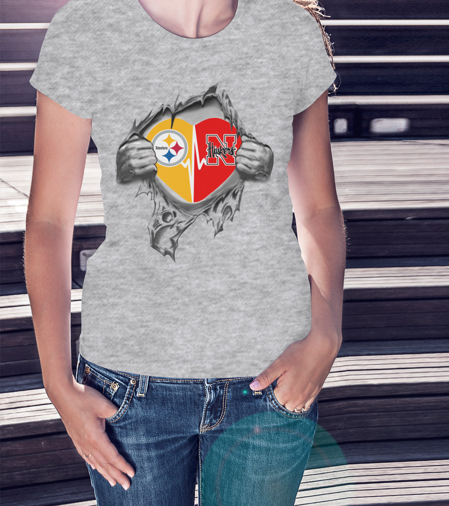 Steelers Nebraska Cornhuskers Heart Logo In Torn T-Shirt
