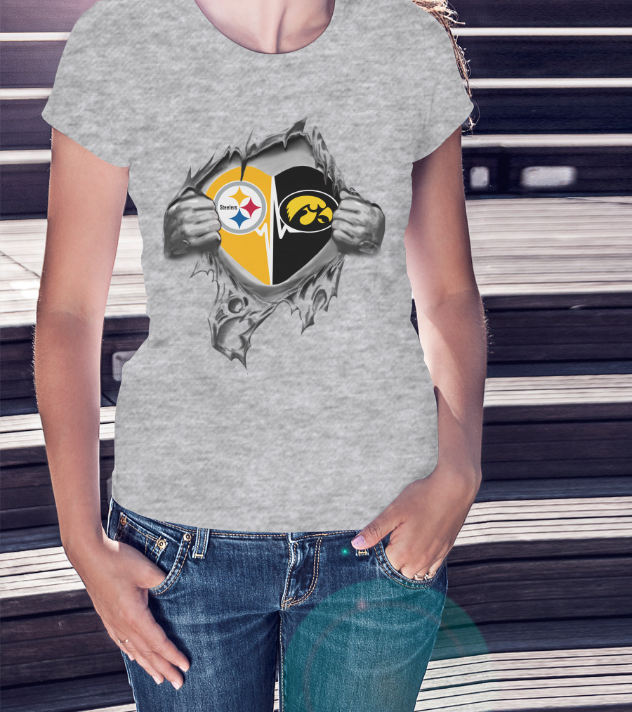 Steelers Iowa Hawkeyes Heart Design With Torn Fabric Effect T-Shirt