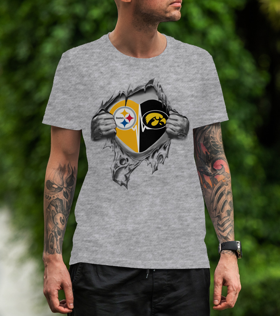 Steelers Iowa Hawkeyes Heart Design With Torn Fabric Effect T-Shirt