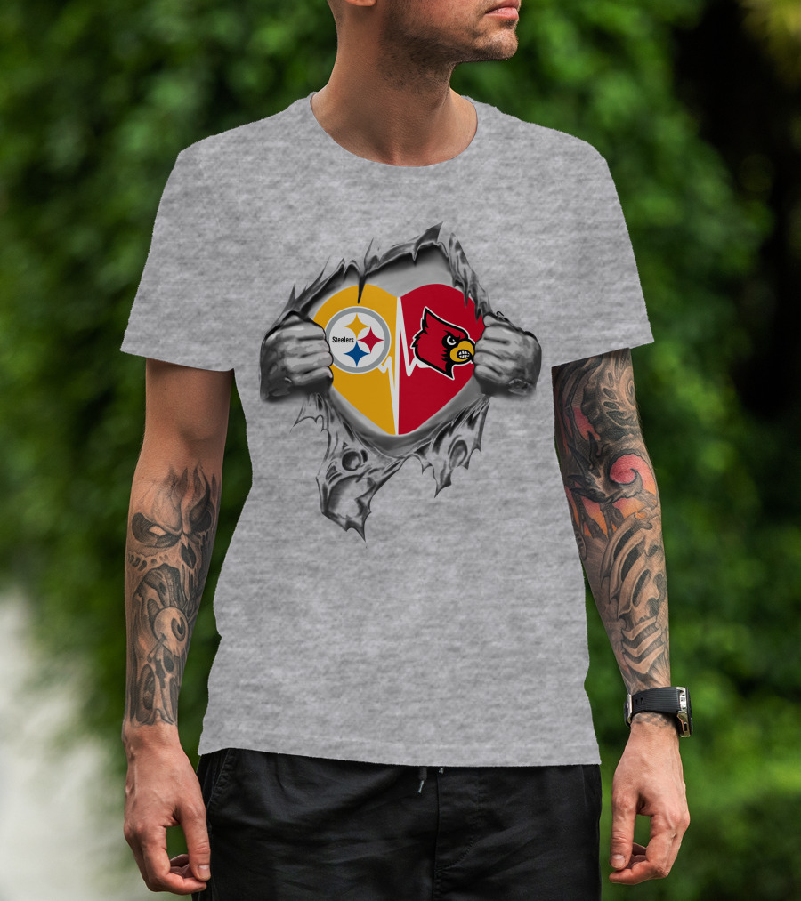 Steelers And Louisville Cardinals Heart With Torn Metal Effect T-Shirt