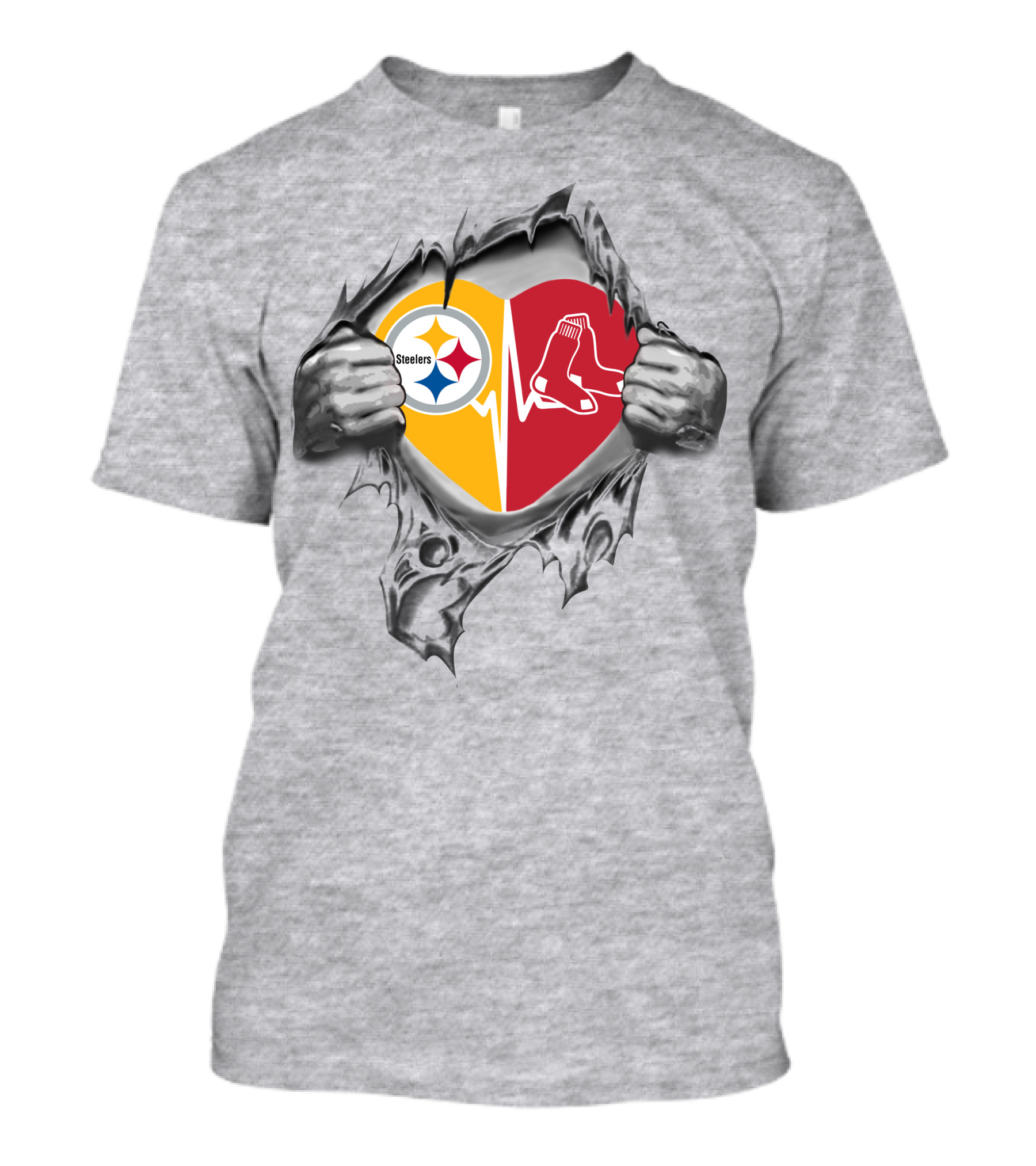 Steelers Boston Red Sox Heart Fan Symbol With Hands Ripping Steel Cover T-Shirt
