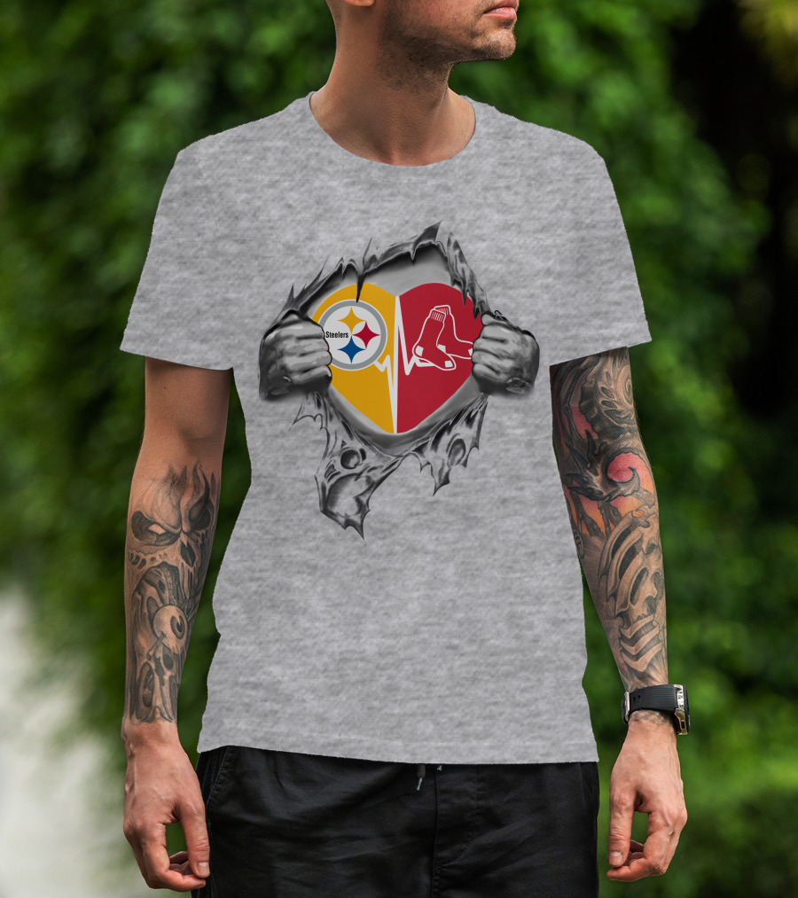 Steelers Boston Red Sox Heart Fan Symbol With Hands Ripping Steel Cover T-Shirt