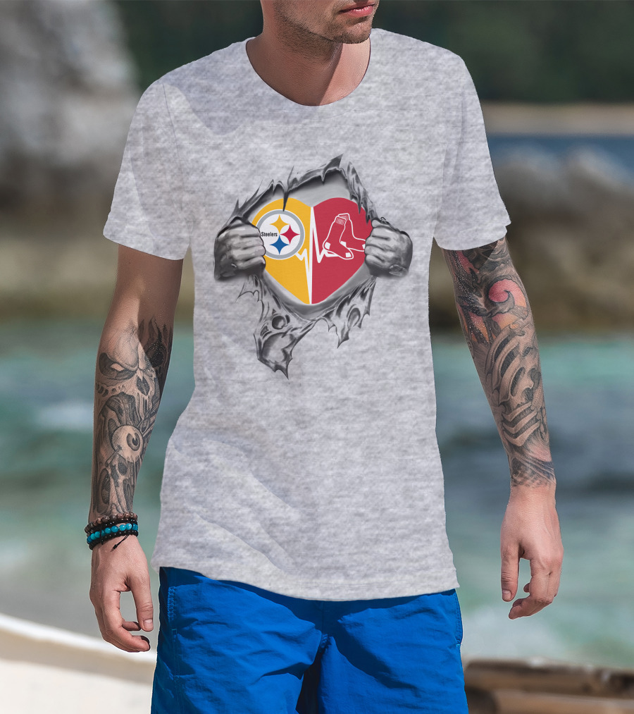 Steelers Boston Red Sox Heart Fan Symbol With Hands Ripping Steel Cover T-Shirt