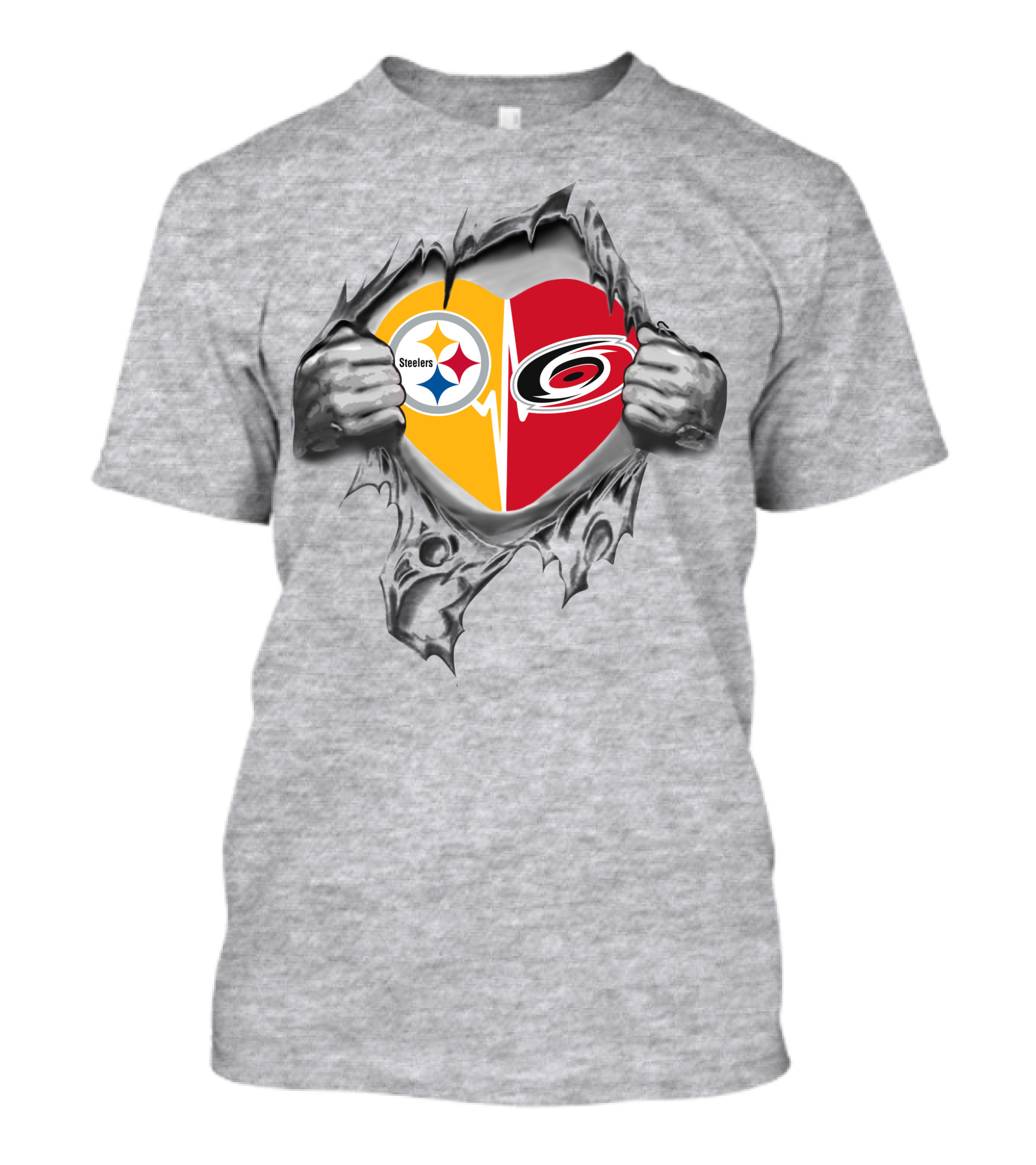 Steelers Carolina Hurricanes Heart Inside Ripped Silver Hands T-Shirt