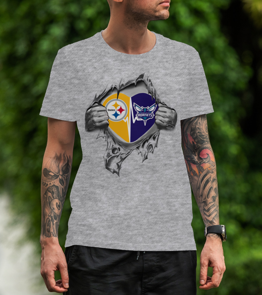 Steelers Charlotte Hornets Heart Split T-Shirt