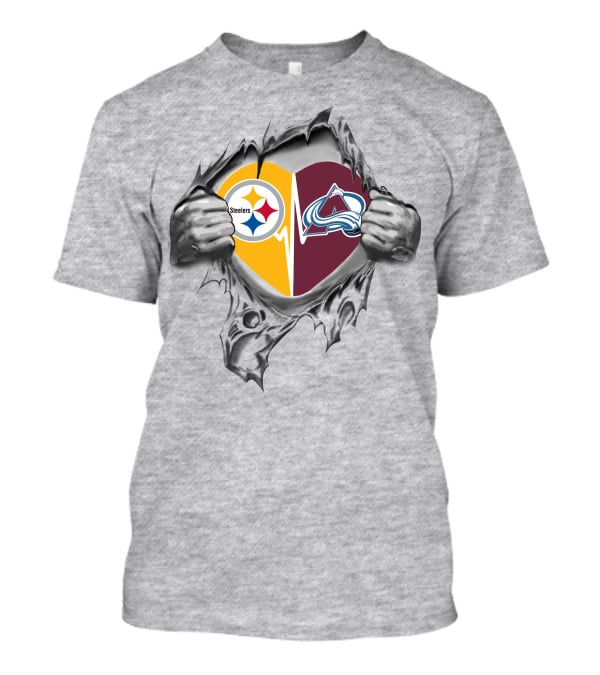 Steelers Colorado Avalanche Heart With Logos Torn Metal Effect T-Shirt