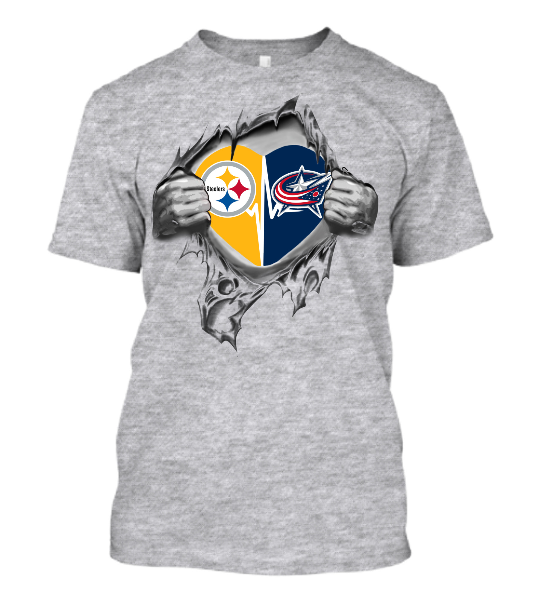 Steelers Columbus Blue Jackets Heart Design With Logos And Tearing Hands T-Shirt
