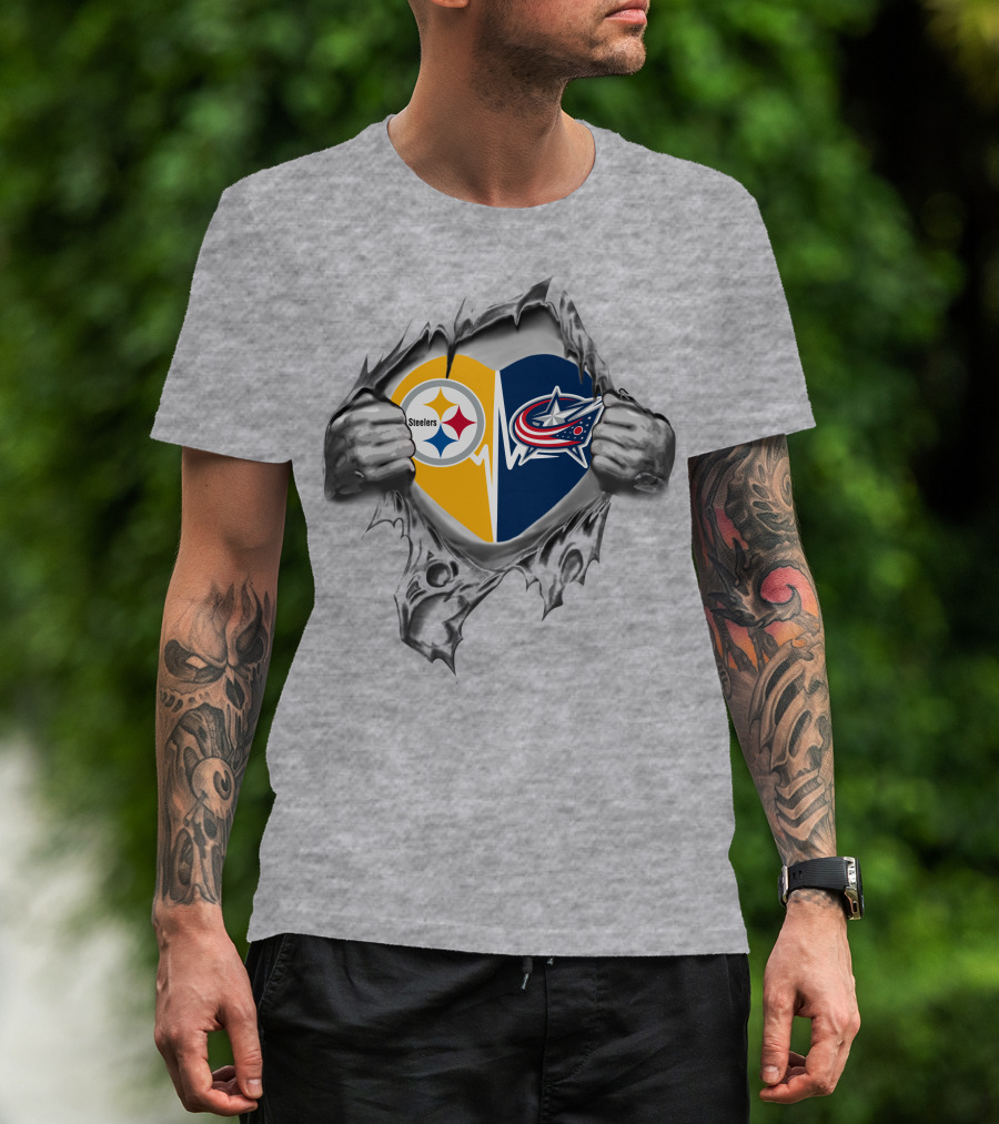 Steelers Columbus Blue Jackets Heart Design With Logos And Tearing Hands T-Shirt