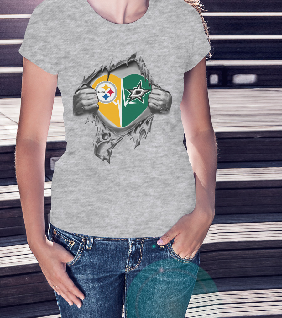 Steelers Dallas Stars Heart Design Featuring Team Logos T-Shirt