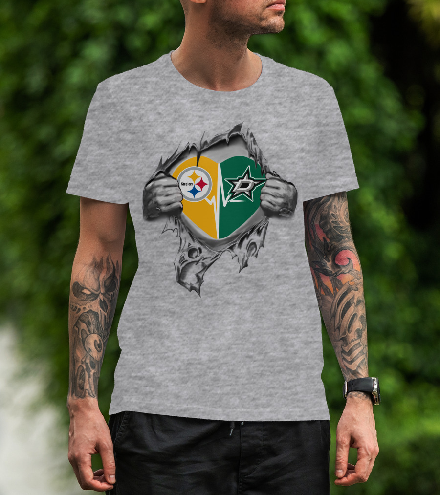 Steelers Dallas Stars Heart Design Featuring Team Logos T-Shirt